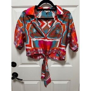 NEW Peach cropped tie front short sleeve V neck with collar Size Small